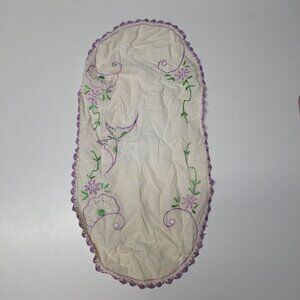 Embroidered Vintage Linen Butterfly Purple Green Stitch Granny Cottage Lace